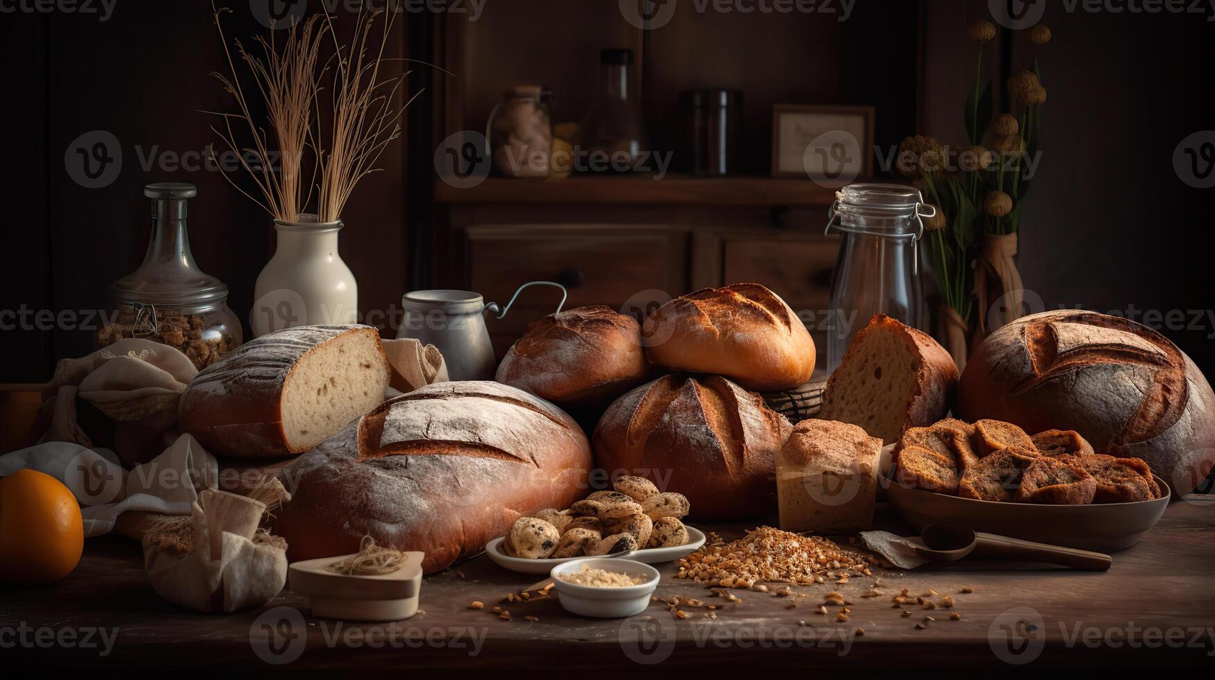 ai gegenereerd. ai generatief. een veel van verschillend vers gebakken brood producten en woestijnen. bakkerij warm uitstraling. grafisch kunst foto