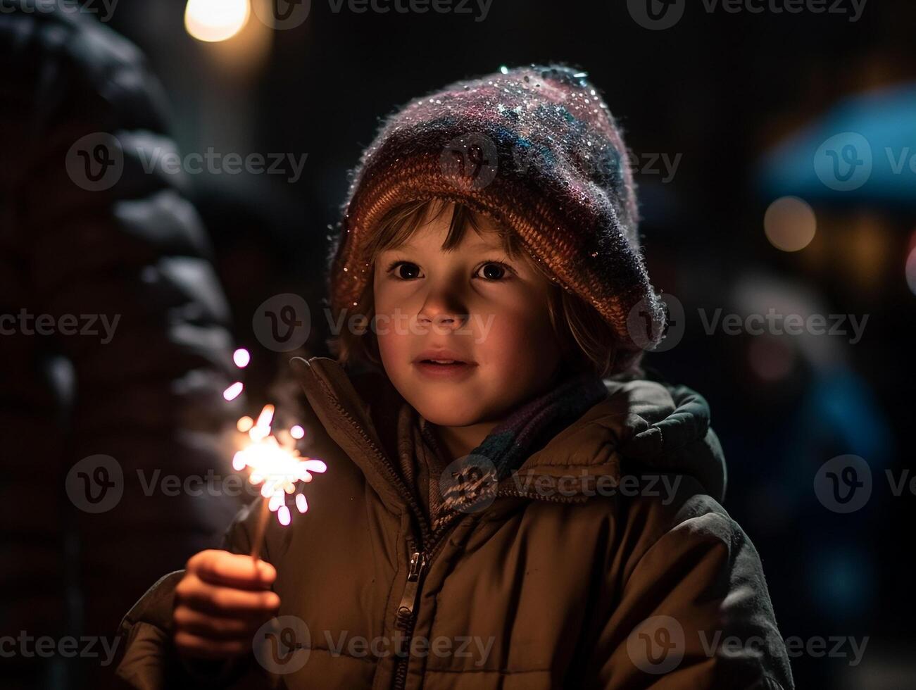 een kind Holding een vuurwerk. ai generatief foto