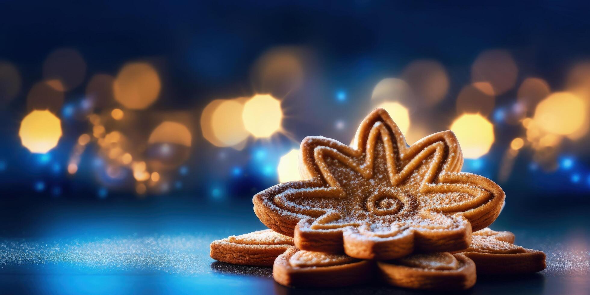 Kerstmis boom koekje snijder Aan gouden glimmend schitteren, illustratie ai generatief foto