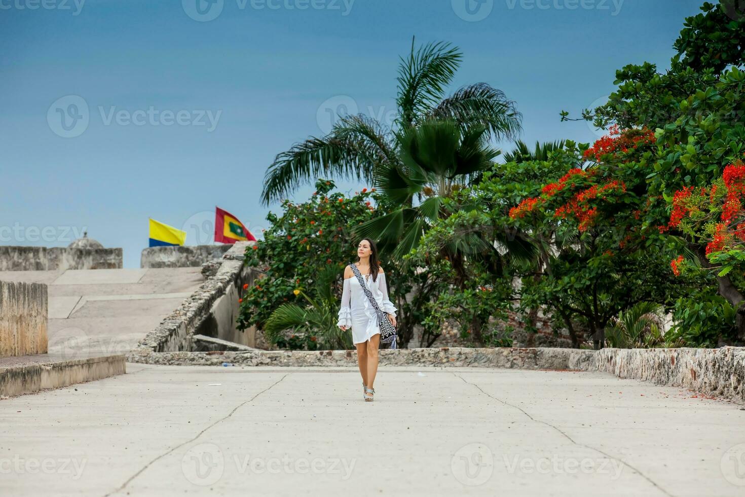 mooi vrouw Aan wit jurk wandelen alleen Bij de muren omgeving de koloniaal stad van Cartagena de india's foto