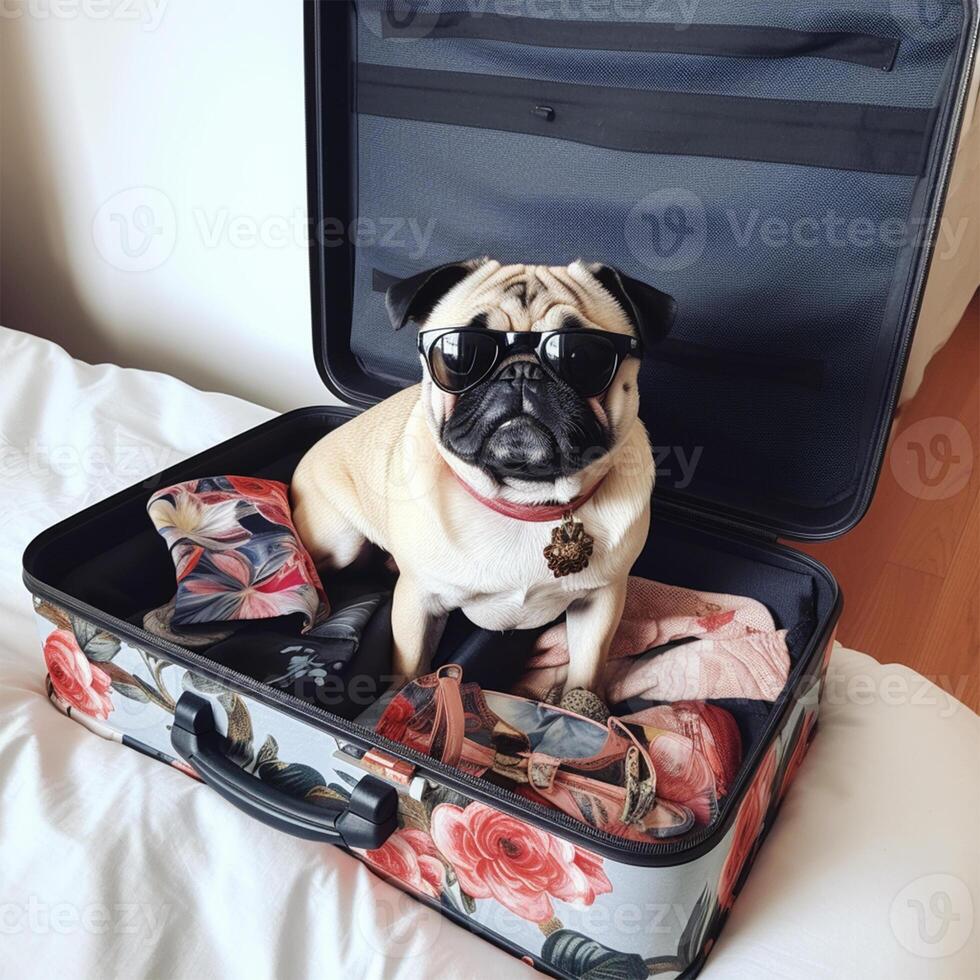 een mopshond hond is zittend in een koffer generatief ai gegenereerd foto
