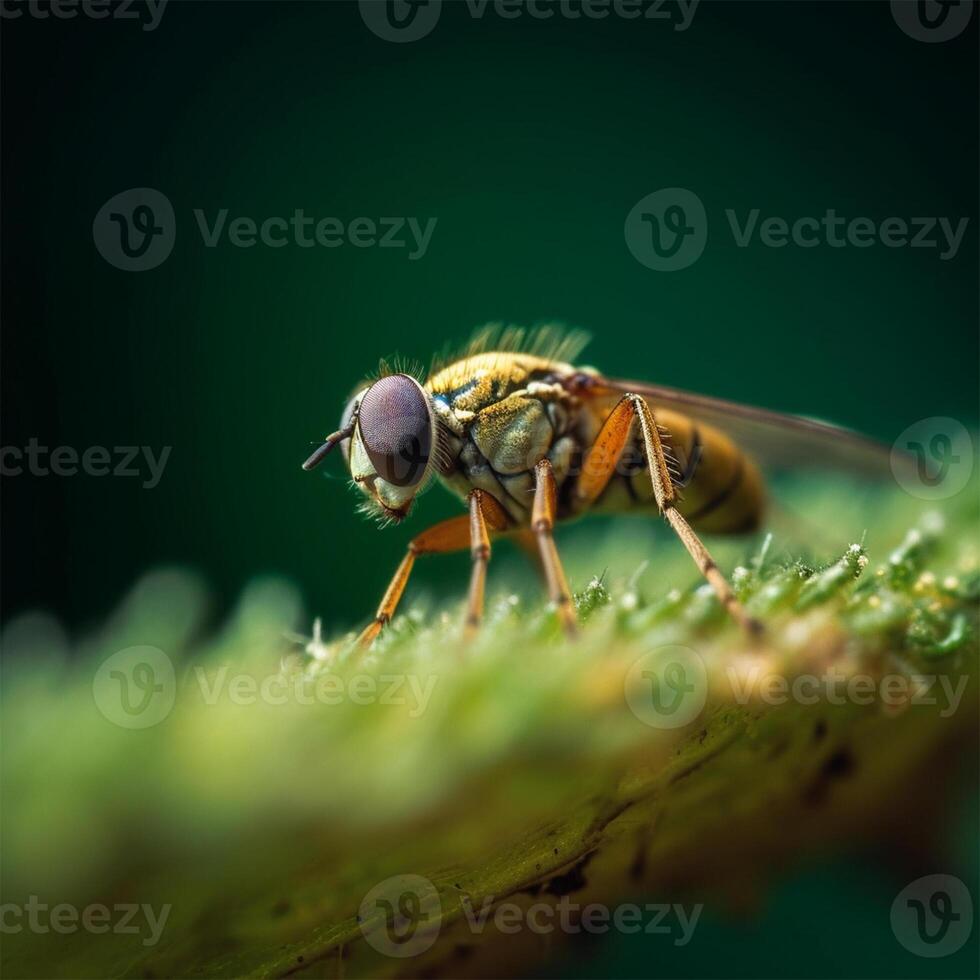 een geel en zwart vlieg zit Aan een blad generatief ai gegenereerd foto