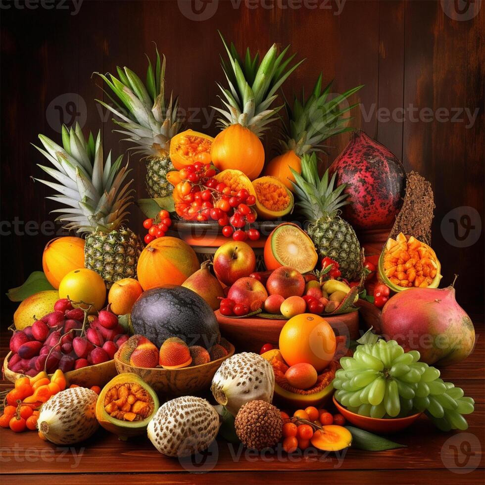 een tafel met meerdere verschillend fruit generatief ai gegenereerd foto
