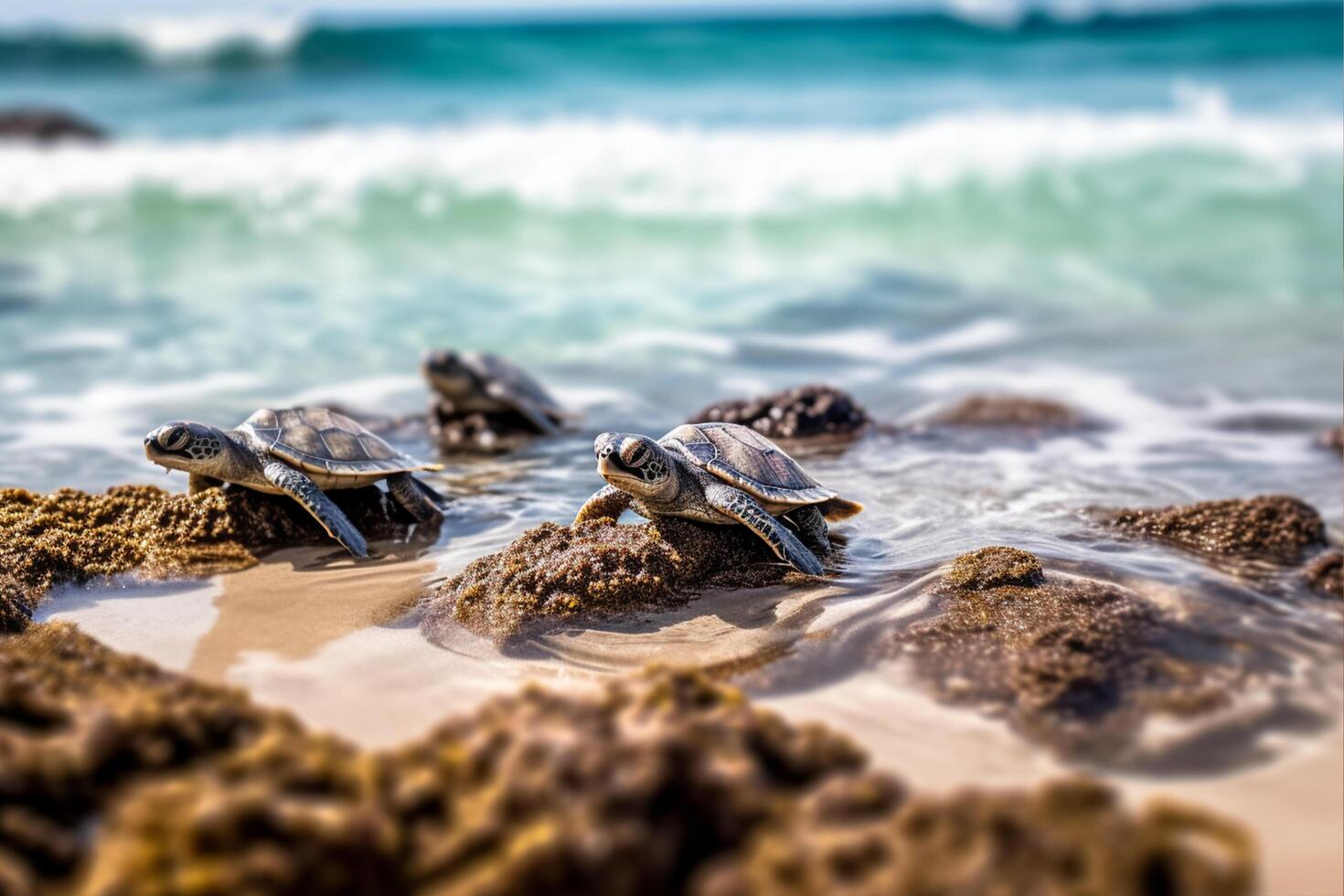 3 baby schildpadden Aan de zand, ai generatief foto