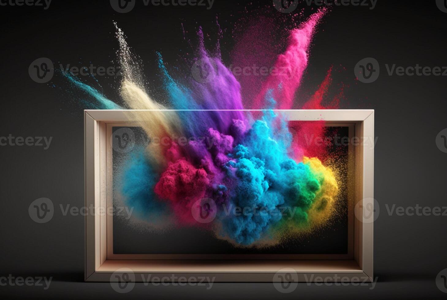 Product Scherm kader met kleurrijk poeder verf explosie. generatief ai foto