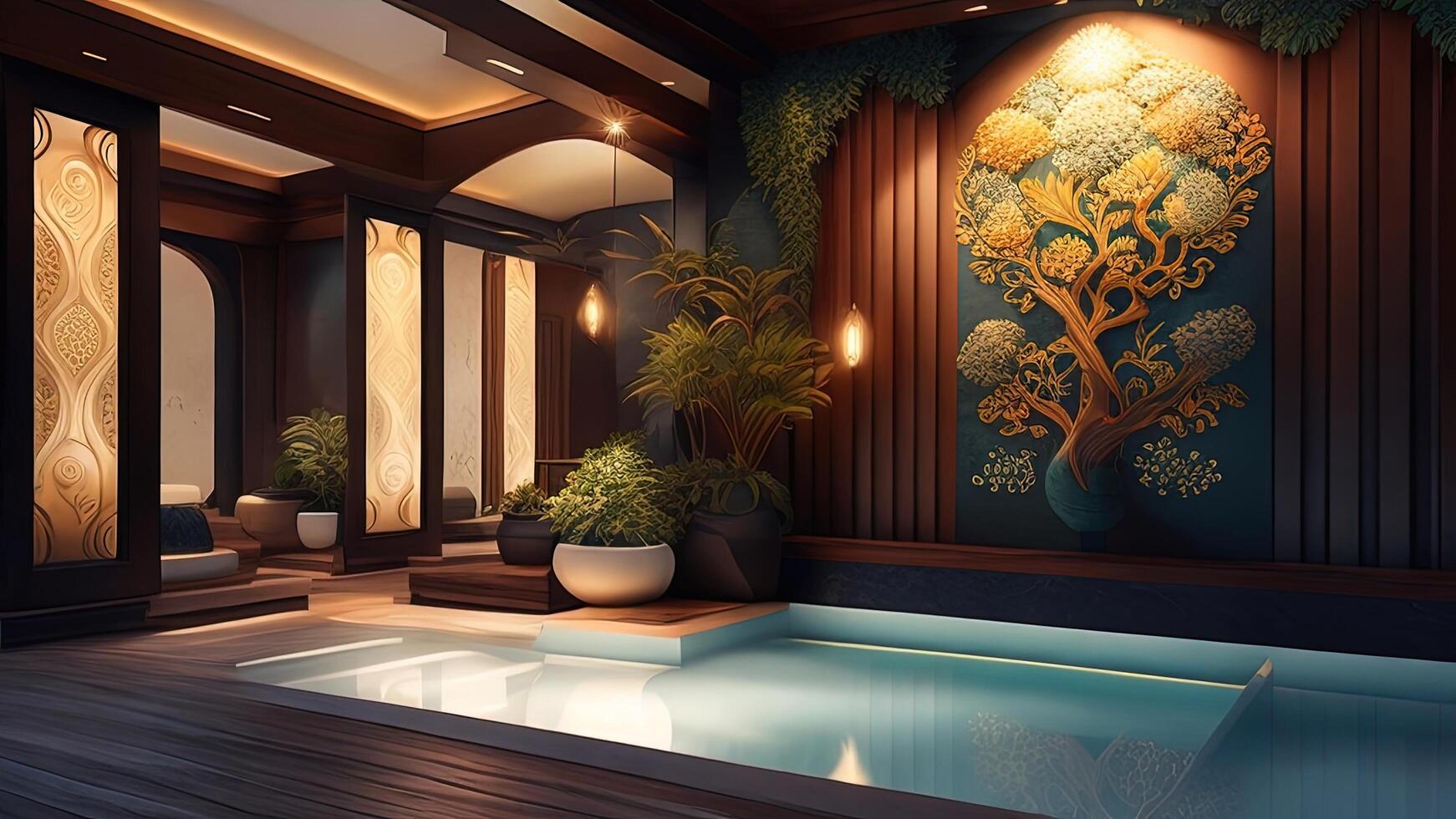 3d renderen van een luxe hotel kamer met een zwembad en een houten vloer. ai gegenereerd foto