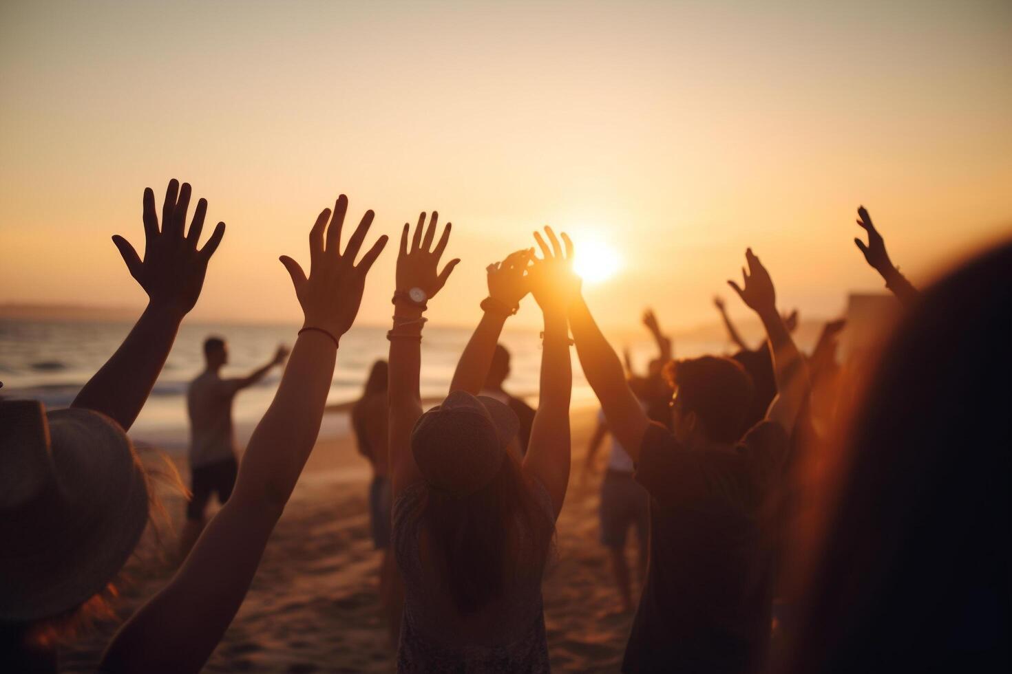 juichen menigte met handen in de lucht, zomer vakantie afbeelding, bokeh mensen hebben pret Bij zonsondergang Aan een strand, generatief ai foto