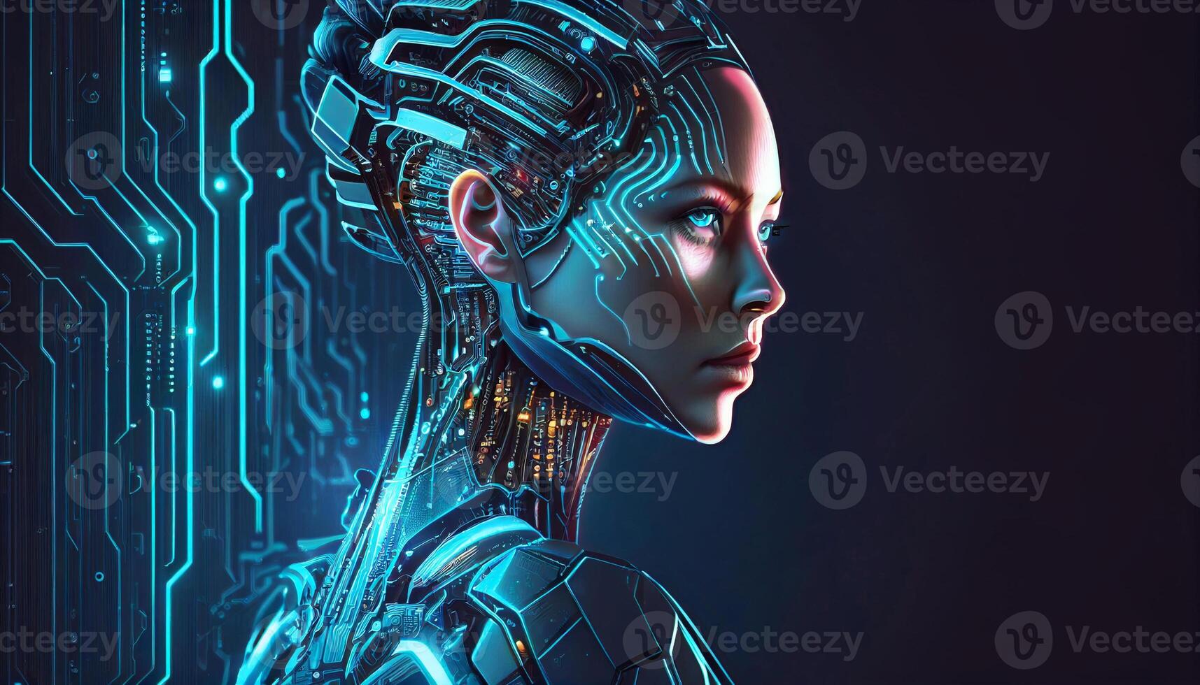 ai kunstmatig intelligentie- humanoid kant portret visie met blauw en oranje levendig neon en kopiëren ruimte, kunstmatig intelligentie- technologie concept, ai gegenereerd illustratie foto