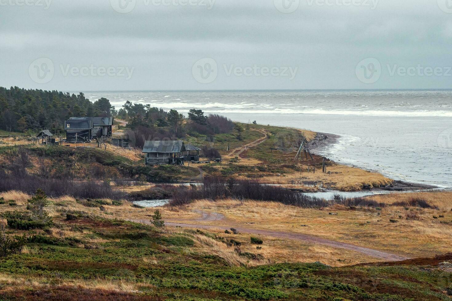 een regeling Aan de ver noorden oever. pommeren visvangst dorp. de wit zee kust. foto