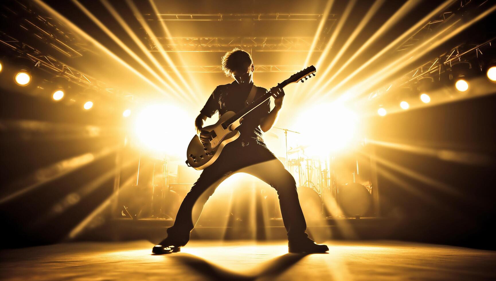 silhouet van een rots musicus spelen de elektrisch gitaar Aan stadium met ai gegenereerd. foto