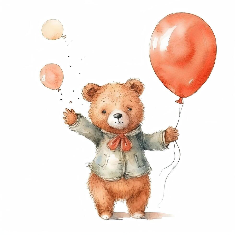 waterverf teddy beer met ballonnen. illustratie ai generatief foto