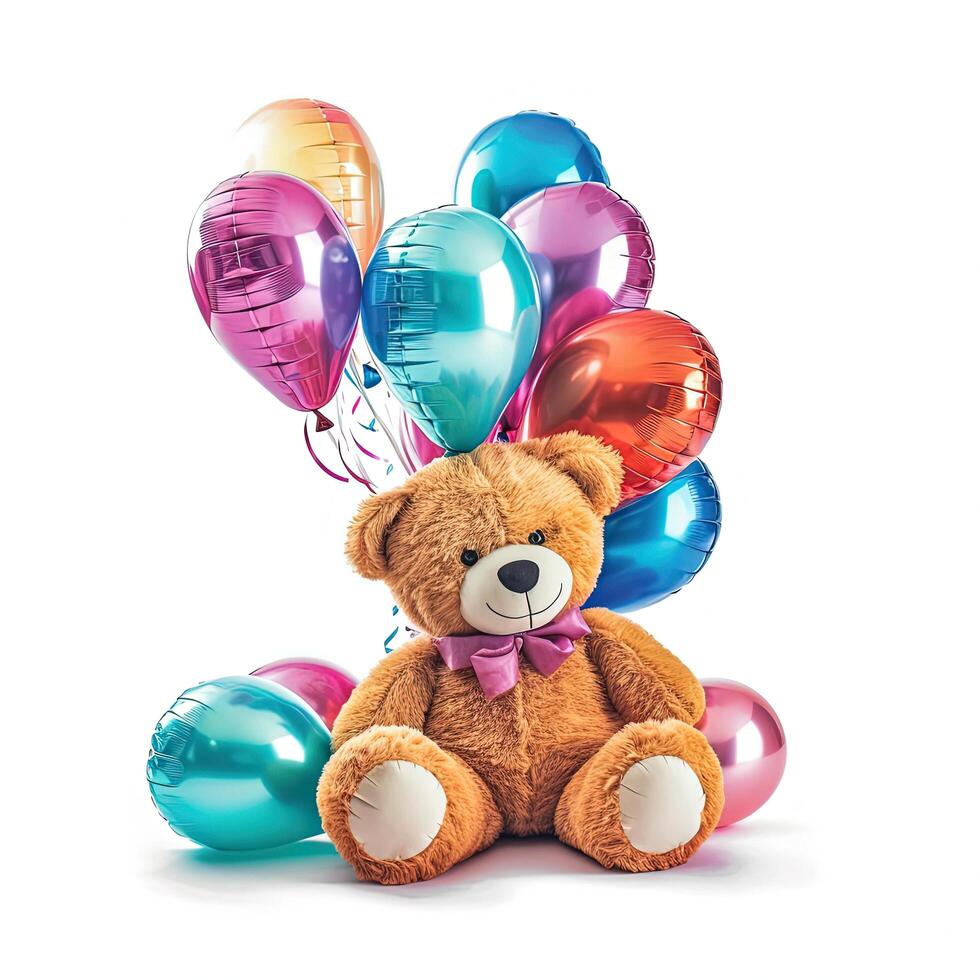 schattig teddy beer met ballonnen. illustratie ai generatief foto