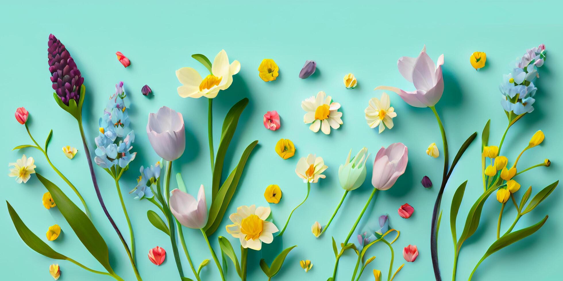 vlak leggen concept van vers veld- voorjaar bloemen Aan blauw achtergrond geïsoleerd. mooi bloemen decoratief element reeks verzameling voor bruiloft uitnodiging of moeder dag. generatief ai. foto
