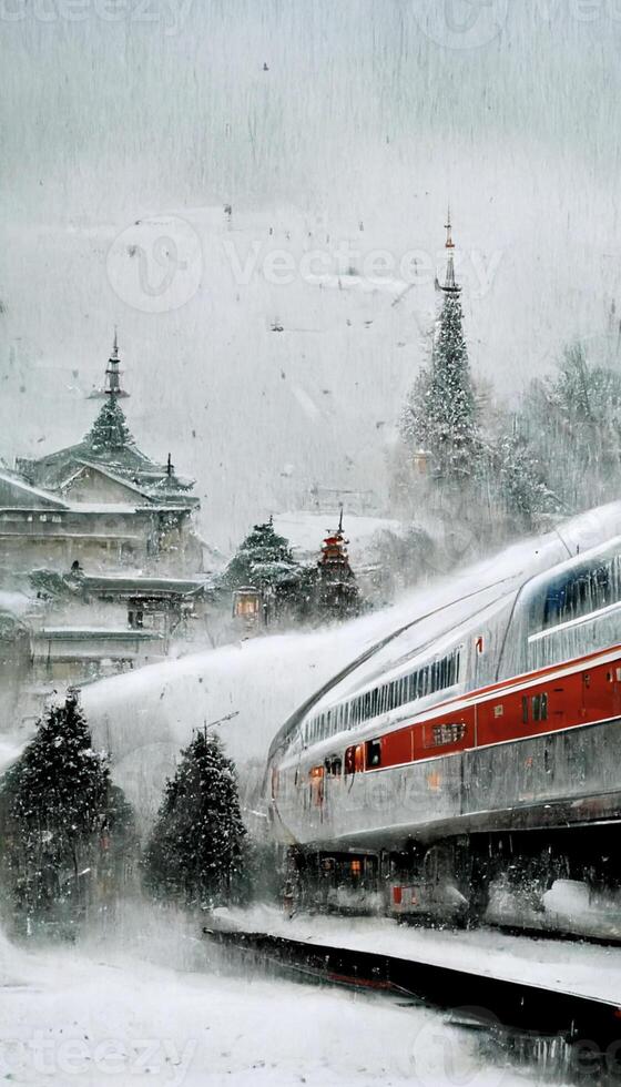 trein is komt eraan naar beneden de sporen in de sneeuw. generatief ai. foto
