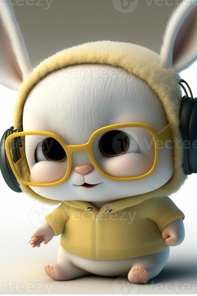 tekenfilm konijn vervelend hoofdtelefoons en een geel jasje. generatief ai. foto