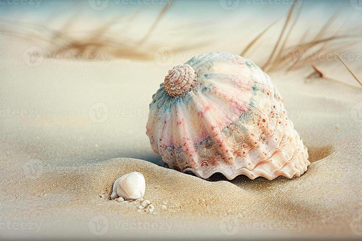 Daar is een schelp en klein Aan de zand. generatief ai. foto