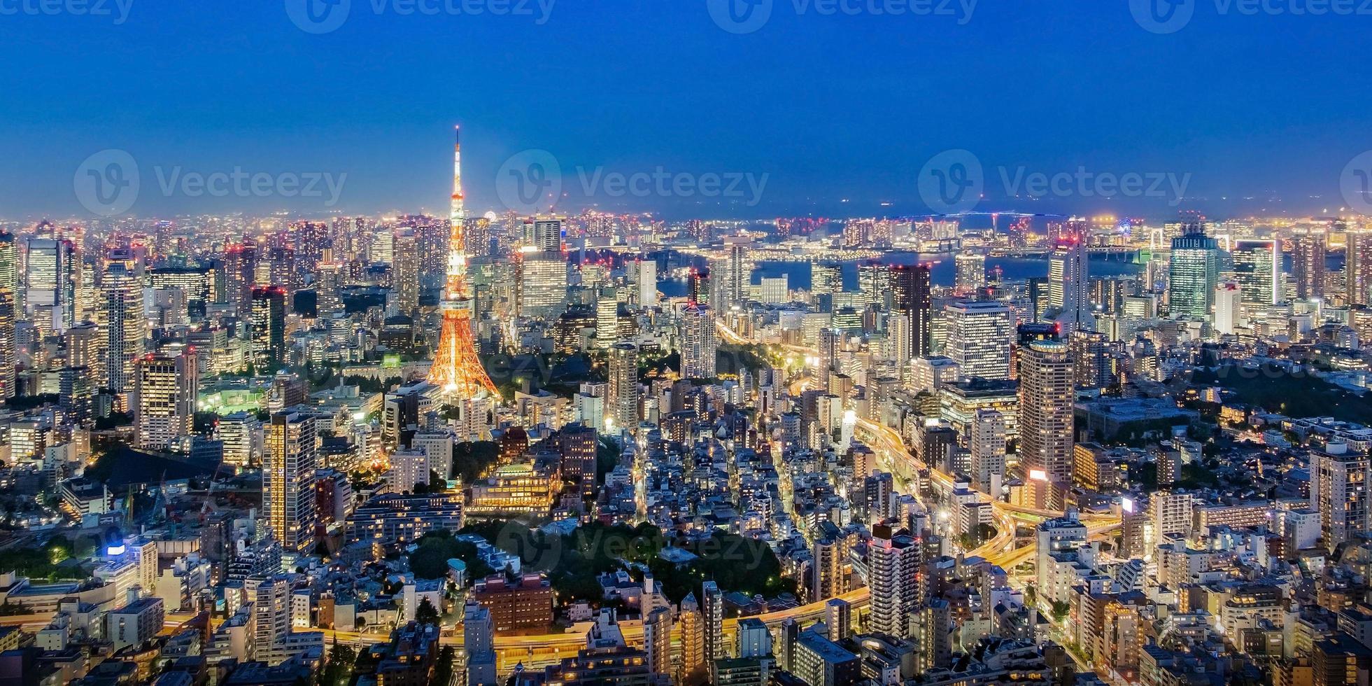 stadsgezicht van de skyline van tokyo, panorama luchtfoto wolkenkrabbers uitzicht op kantoorgebouw en het centrum in tokyo in de avond. foto