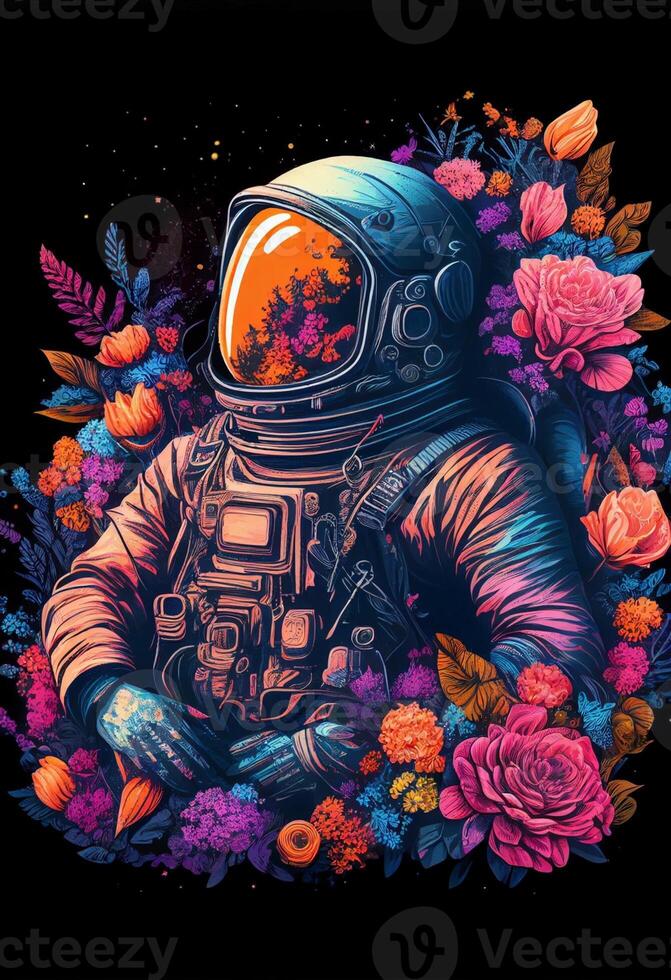 een astronaut in een ruimte pak omringd door bloemen. generatief ai. foto