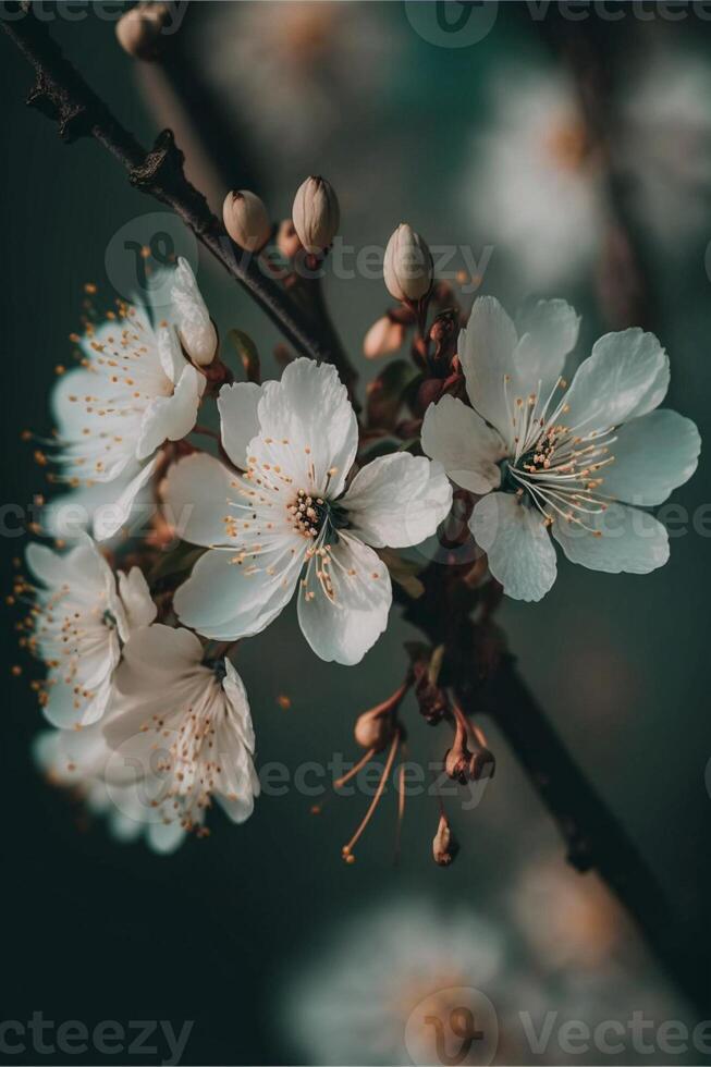 dichtbij omhoog van sommige wit bloemen Aan een boom. generatief ai. foto