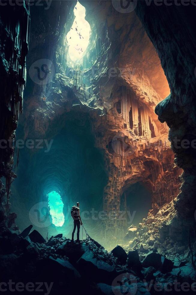 Daar is een Mens staand in grot met camera. generatief ai. foto