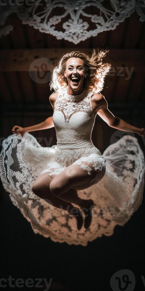 een vrouw in wit jurk is jumping de lucht. generatief ai. foto