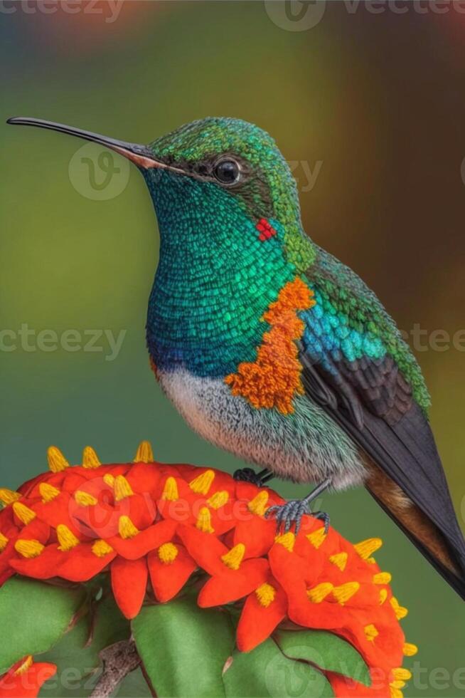 kleurrijk vogel zittend Aan top van een bloem. generatief ai. foto
