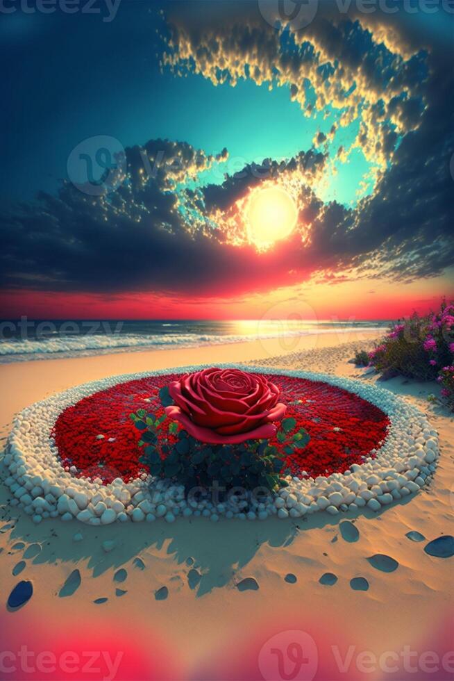 rood roos zittend Aan top van een lichaam van water. generatief ai. foto