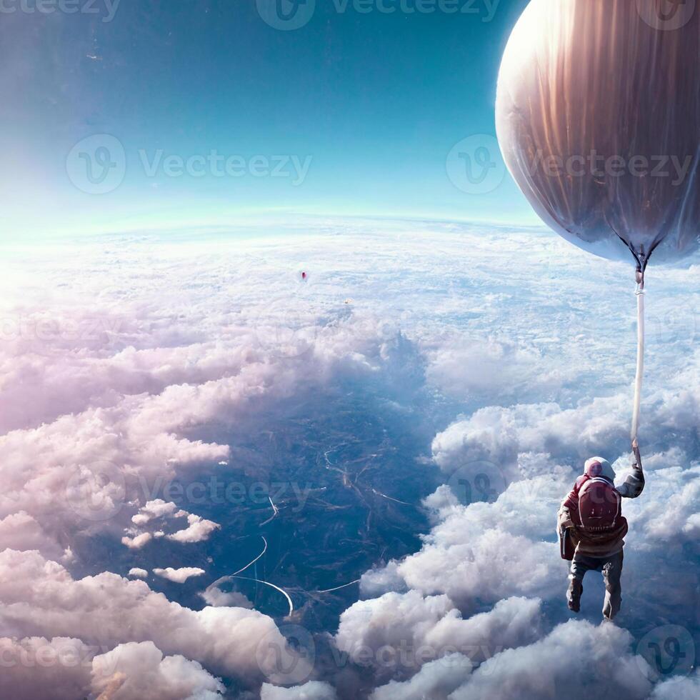 Daar is een Mens dat vliegend in de lucht met ballon. generatief ai. foto