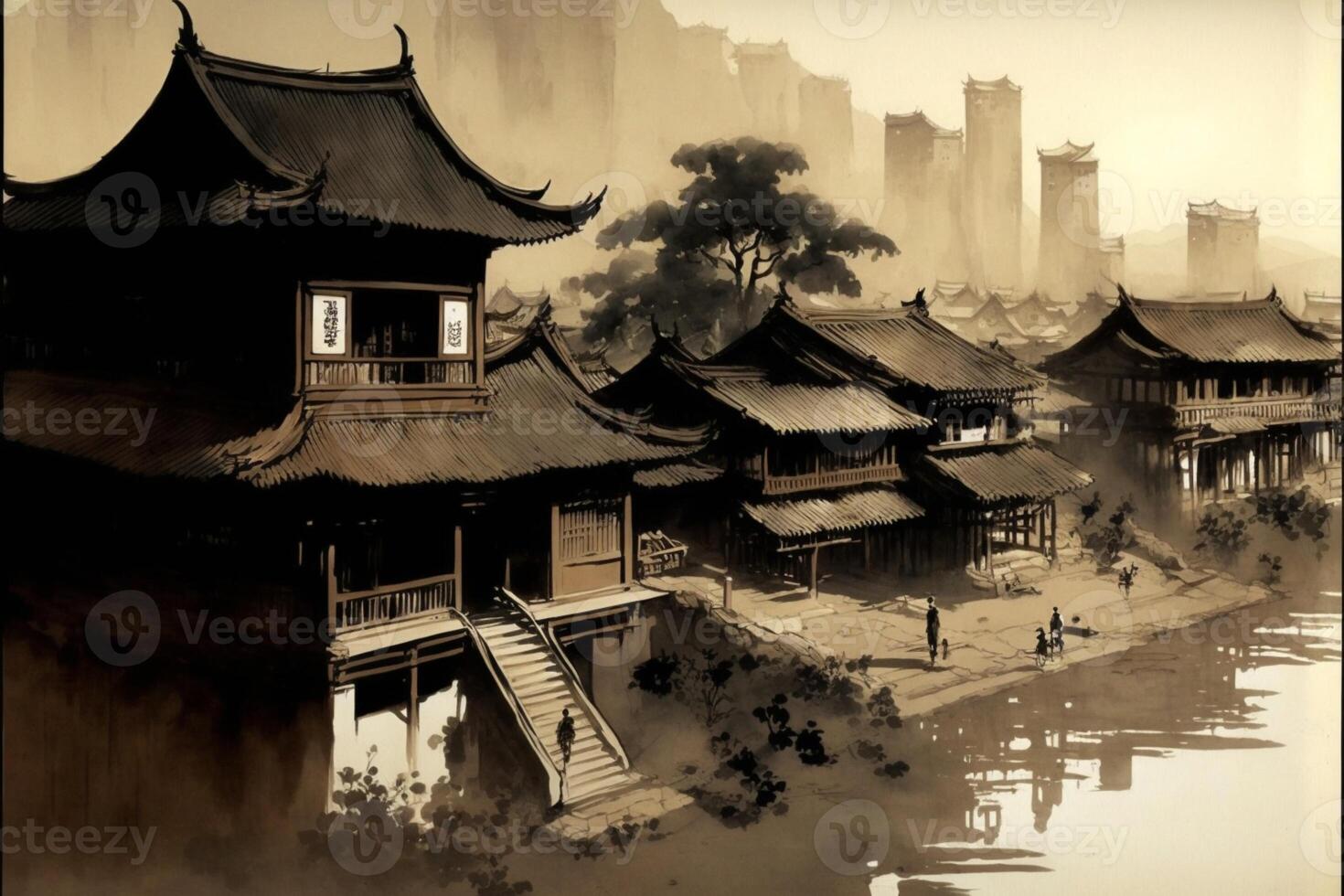zwart en wit schilderij van een Chinese dorp. generatief ai. foto