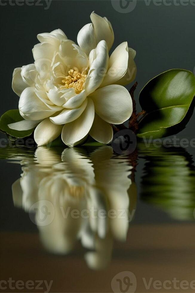 wit bloem zittend Aan top van een reflecterende oppervlak. generatief ai. foto