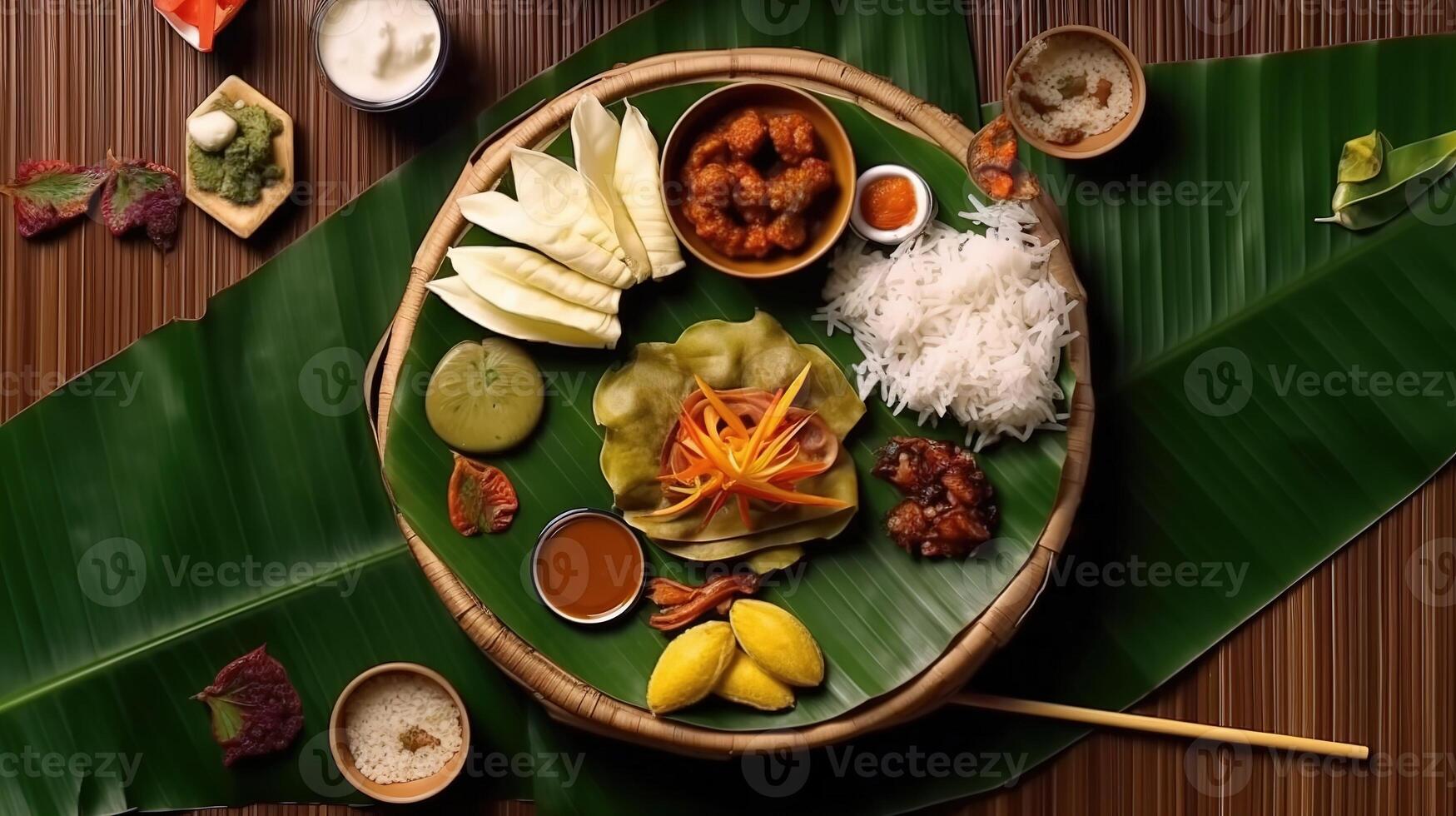 kerala festival gelukkig onam achtergrond met traditioneel voedsel geserveerd Aan banaan blad. ai gegenereerd. foto