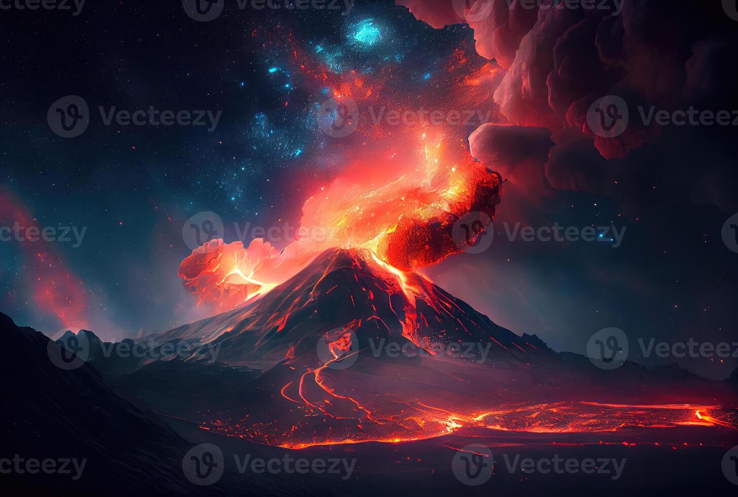 de vulkaan barstte los met heet lava en zwart rook aan het bedekken de lucht. natuur en ramp concept. generatief ai foto