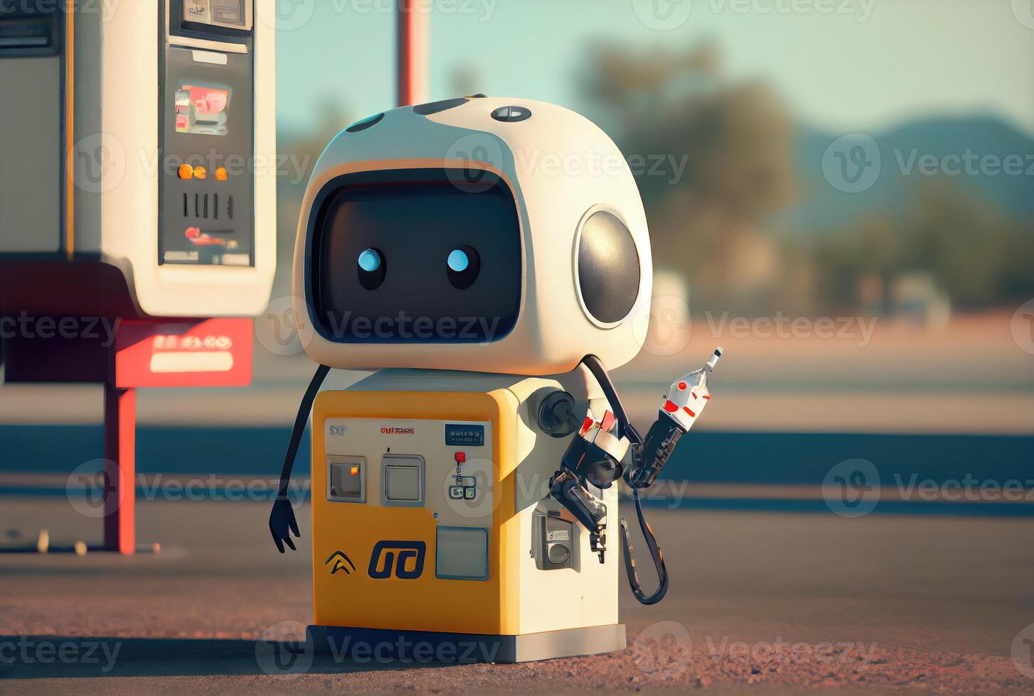 schattig gas- station begeleider onderhoud robot aan het wachten klant voor vulling de auto brandstof. vernieuwend technologie en bezetting concept. generatief ai foto