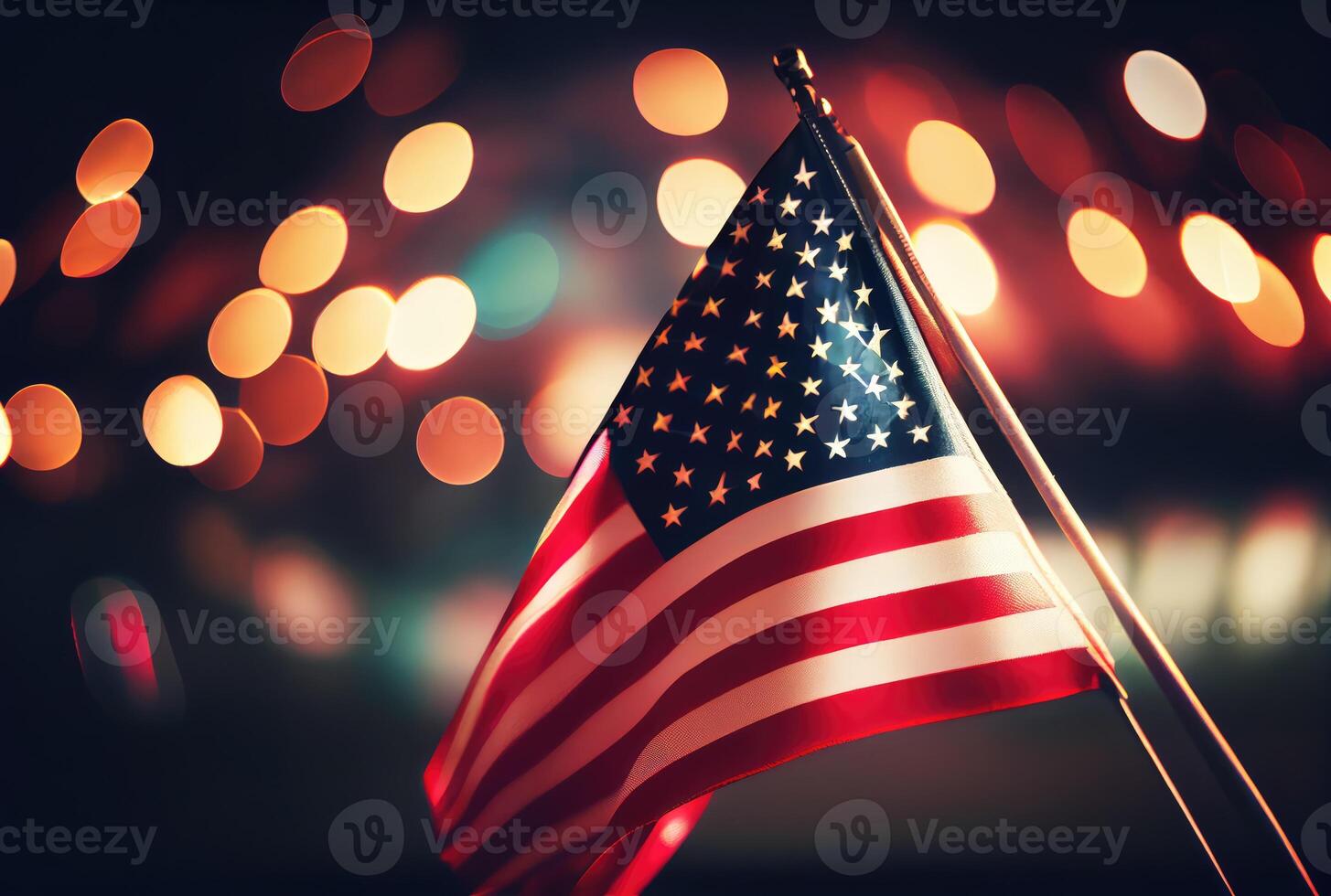 de Verenigde staten van Amerika Verenigde Staten van Amerika vlag met kleurrijk glimmend bokeh licht achtergrond. natie vlag in de donker met verlichting licht. nationaal dag concept. generatief ai foto