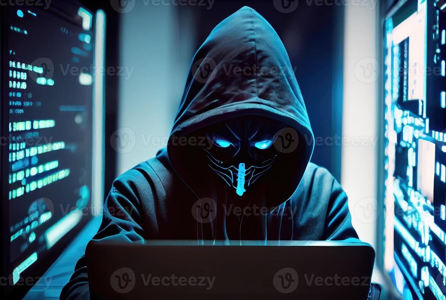 hacker in de zwart kap in de server kamer. onherkenbaar mensen. technologie en cyberveiligheid en crimineel concept. generatief ai foto