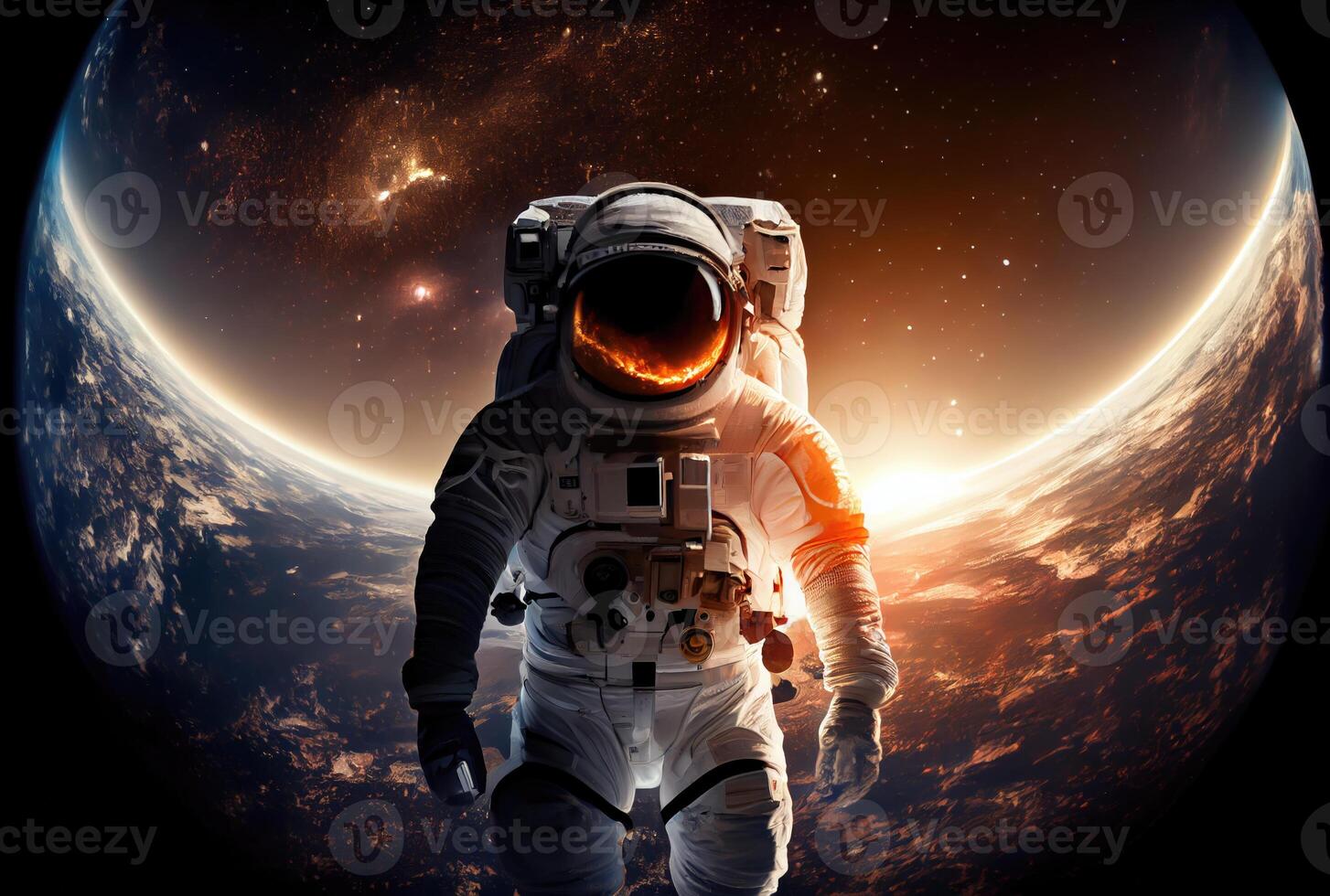 portret van astronaut met kleurrijk heelal in de ruimte. wetenschap en technologie concept. blauw aarde thema. generatief ai foto