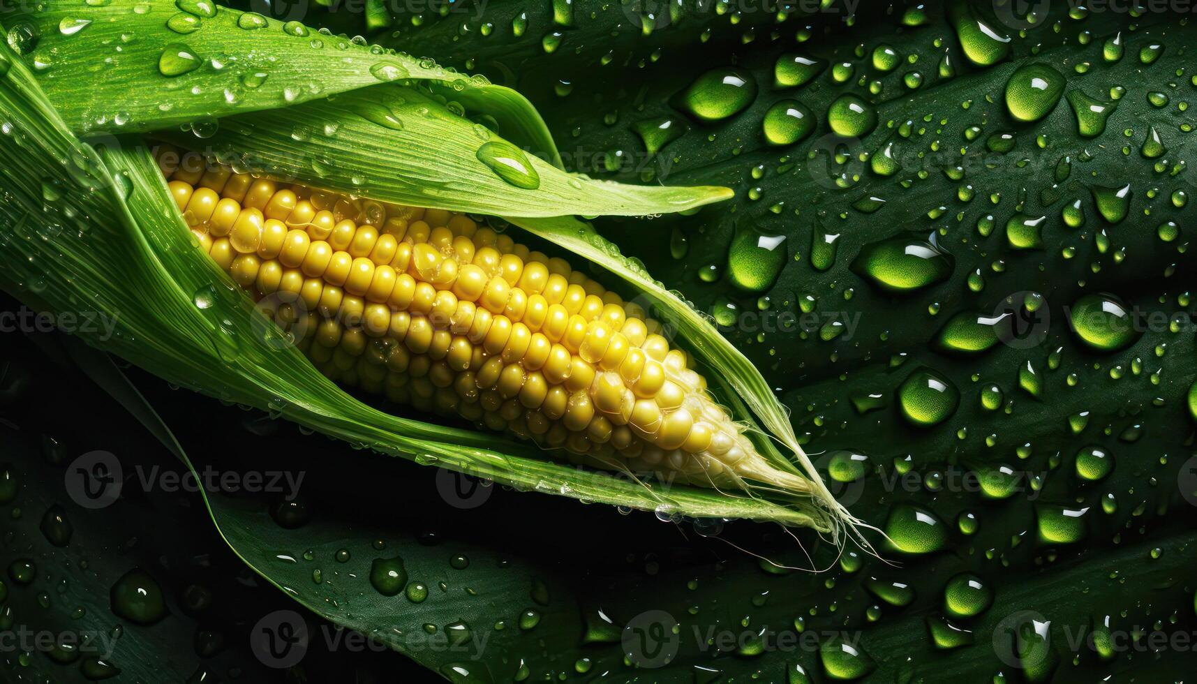 dichtbij omhoog van schoon maïs met water laten vallen in donker zwart achtergrond. vers fruit en groente concept. voeding en vitamine thema. generatief ai foto