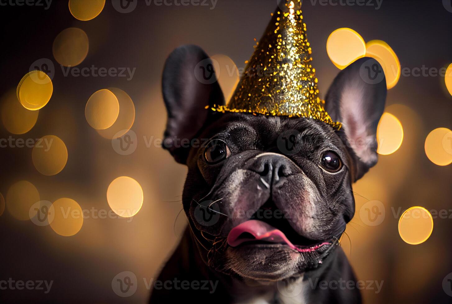 portret van schattig gelukkig Frans bulldog in de viering partij met bokeh licht en confetti in de donker achtergrond. generatief ai foto