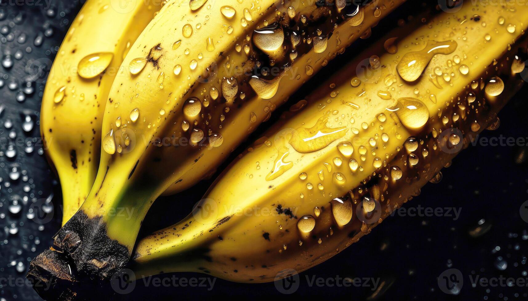 dichtbij omhoog van schoon geel tropisch bananen met water laten vallen in donker zwart achtergrond. vers fruit en groente concept. voeding en vitamine thema. generatief ai foto