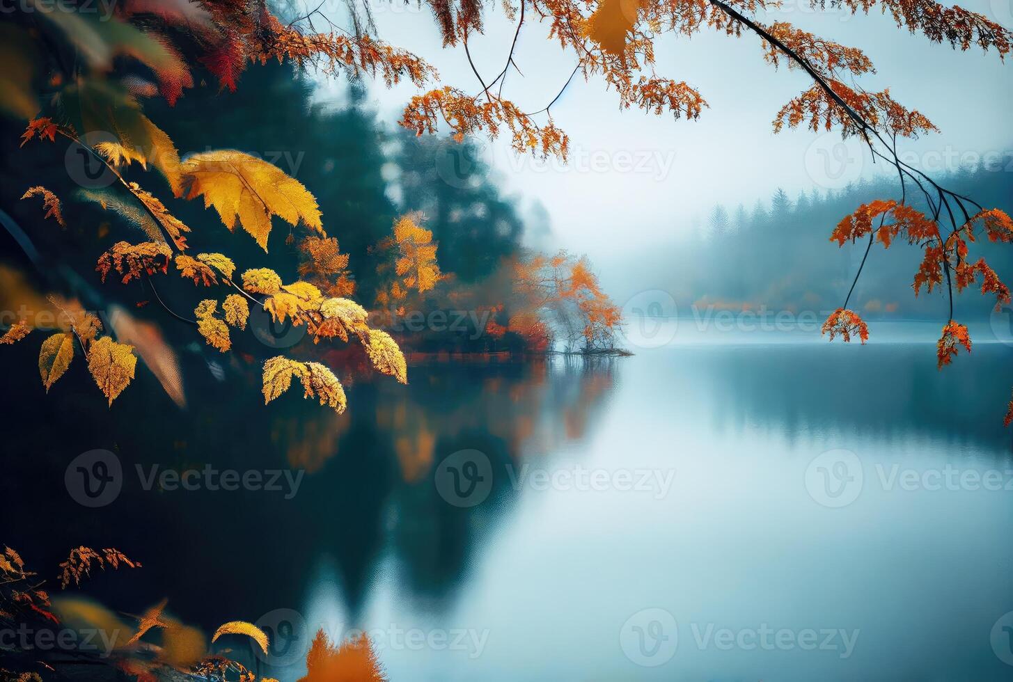 overhangend herfst bomen in een Woud met dicht ver weg over- de meer of rivier- water achtergrond. natuur en buitenshuis concept. digitaal kunst illustratie. generatief ai foto