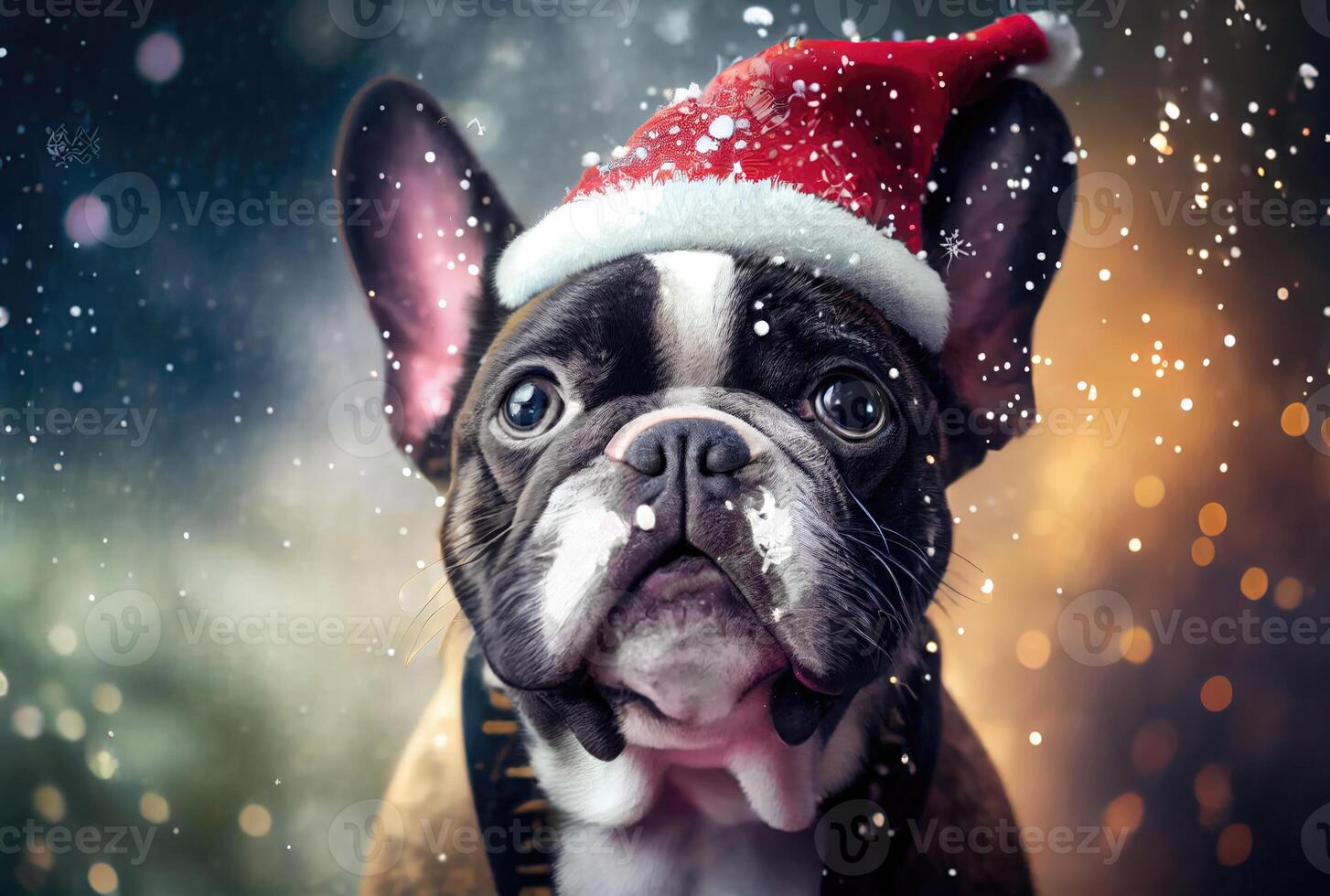 gelukkig Frans bulldog hond in de kerstman claus kostuum en glimmend bokeh achtergrond. dier en vakantie concept. generatief ai foto