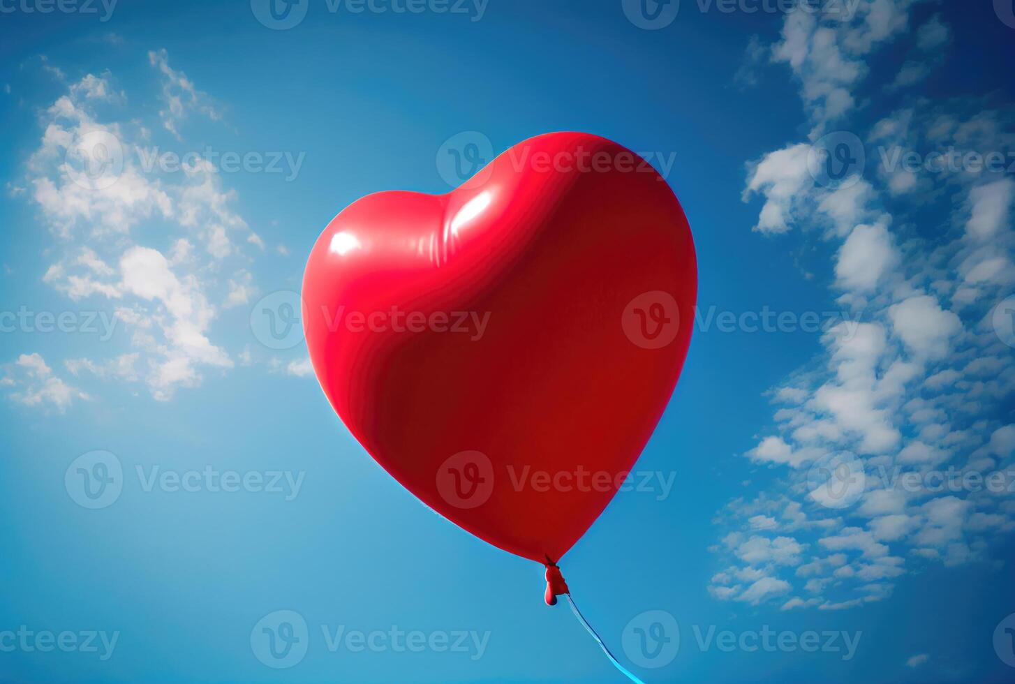 rood ballon in hart vorm vliegend Aan de lucht met blauw lucht achtergrond. valentijnsdag dag concept. generatief ai foto