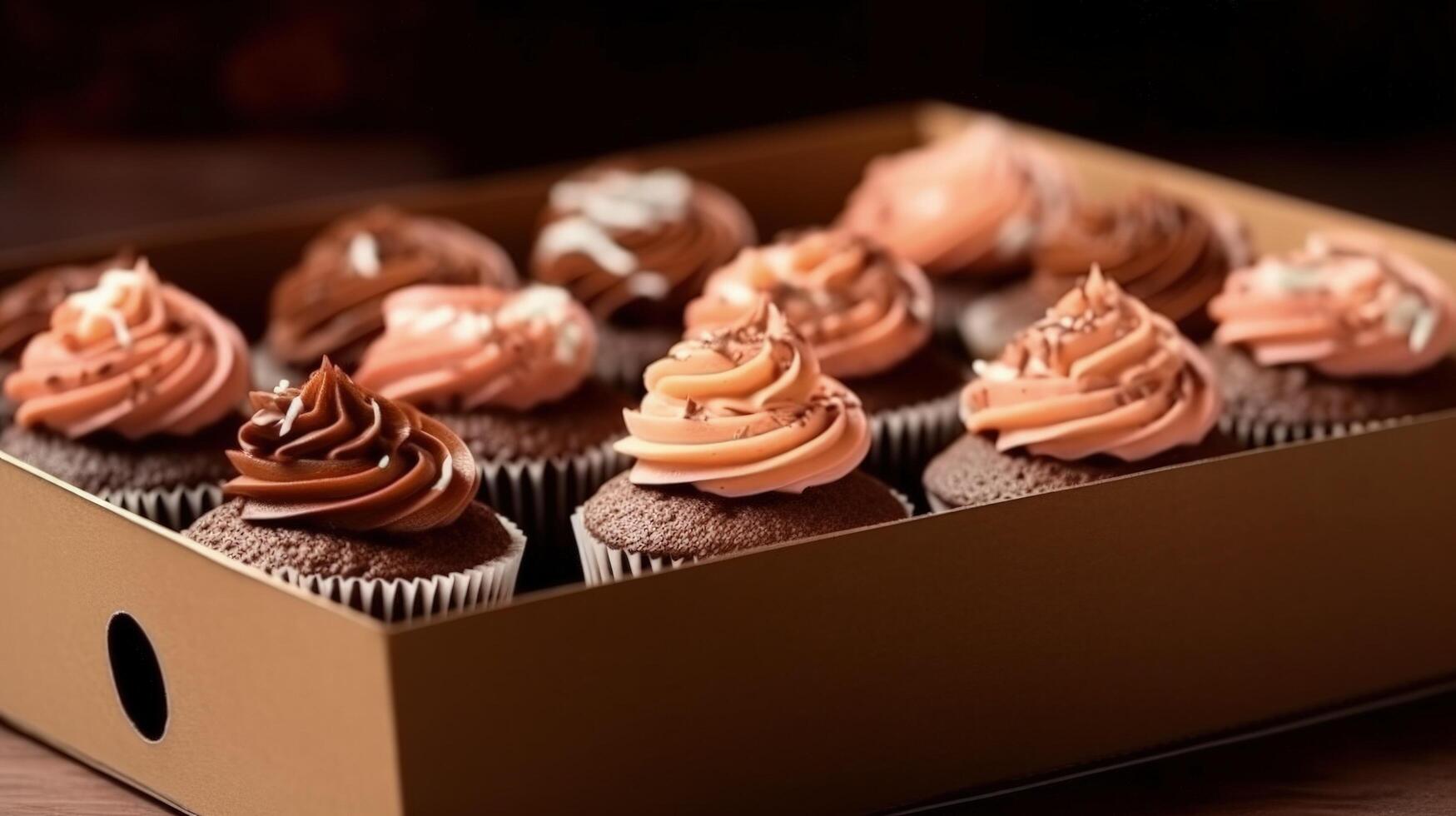 heerlijk chocola cupcakes in karton illustratie ai generatief foto