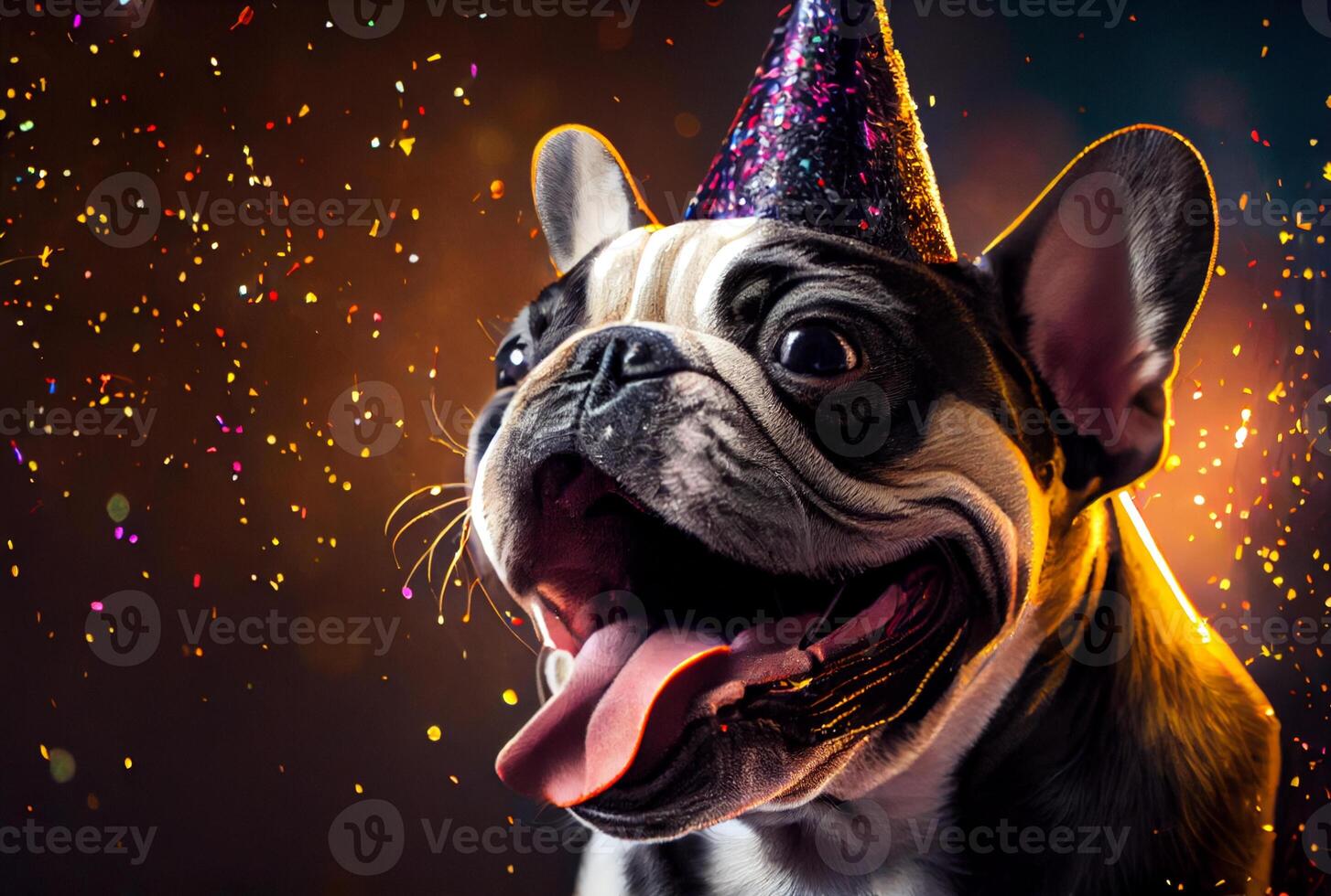 portret van schattig gelukkig Frans bulldog in de viering partij met bokeh licht en confetti in de donker achtergrond. generatief ai foto