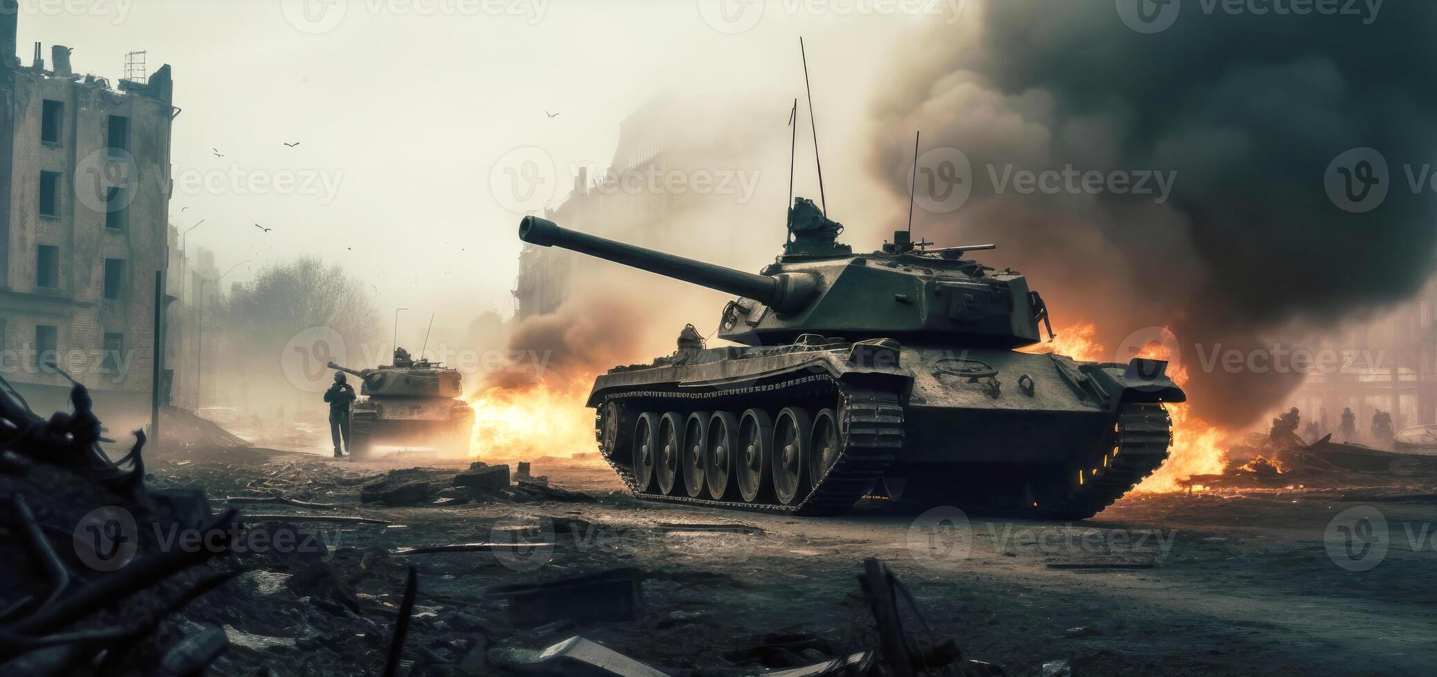 slagveld met soldaten en tanks tussen ingestort gebouwen en branden in de groot stad. oorlog en strijd concept. generatief ai foto