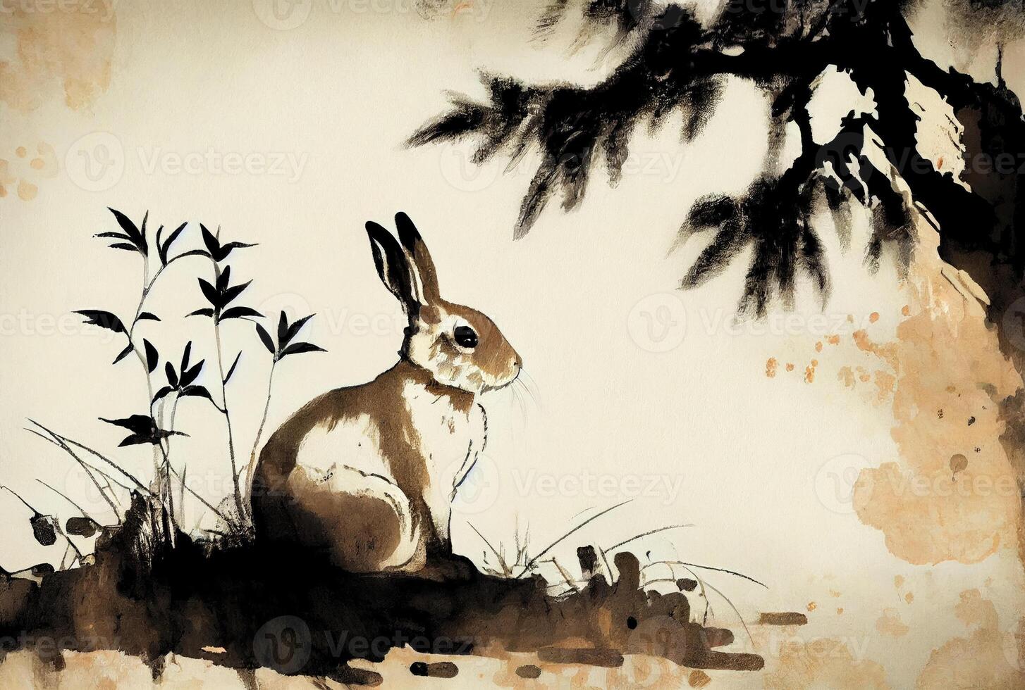 konijn in Chinese inkt tekening stijl. generatief ai foto