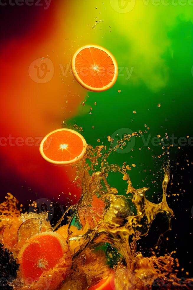 vliegend een oranje plakjes met water spatten, generatief ai foto