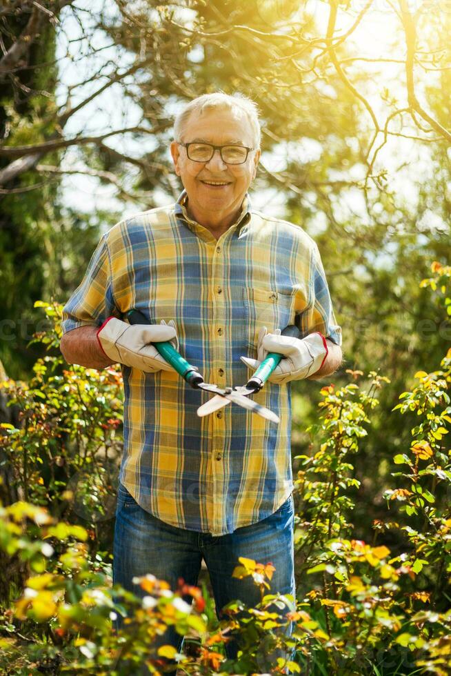 een senior Mens nemen zorg van zijn tuin foto