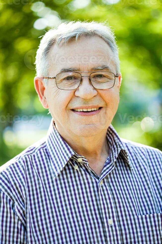 portret van een senior Mens Aan de park foto