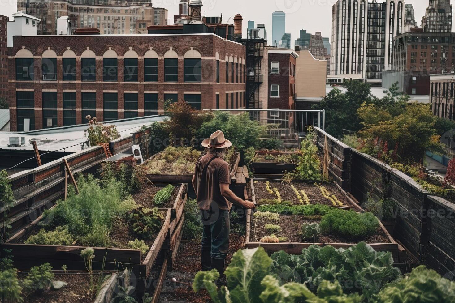 persoon tuinieren in stedelijk milieu in groot nieuw york stad illustratie generatief ai foto